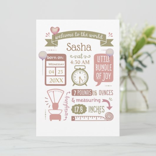 Aankondiging Geboortestatistieken Roze Baby (Staand voorkant)
