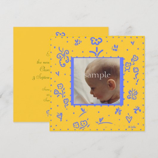 Aankondiging geel en blauw geboorte (Voorkant / Achterkant)