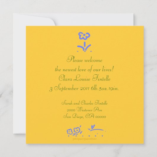 Aankondiging geel en blauw geboorte (Achterkant)