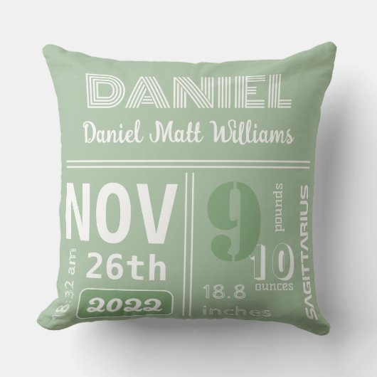 Aankondiging gepersonaliseerde moderne groengeboor kussen (Voorkant)