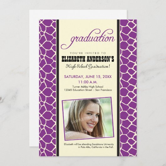 Aankondiging Giraffe Print Afstuderen (paars) (Voorkant / Achterkant)