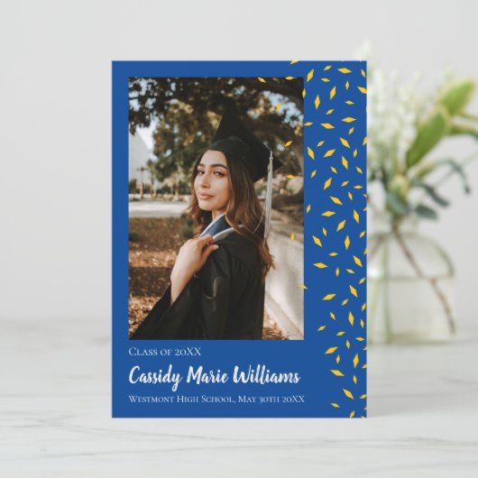 Aankondiging gouden blauwe Confetti Afstuderen (Staand voorkant)