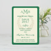 Aankondiging groene Afstuderen Elegant Monogram (Staand voorkant)