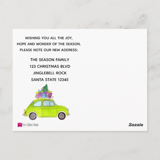 Aankondiging groene auto met kerstcadeau briefkaart (Achterkant)