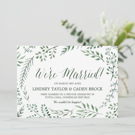 Aankondiging Groene Rustic Wreath Elopement (Staand voorkant)