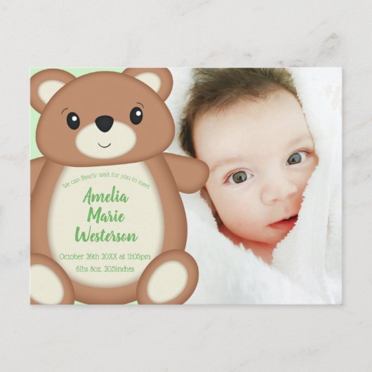 Aankondiging groene Teddy Bear Birth Briefkaart (Voorkant)
