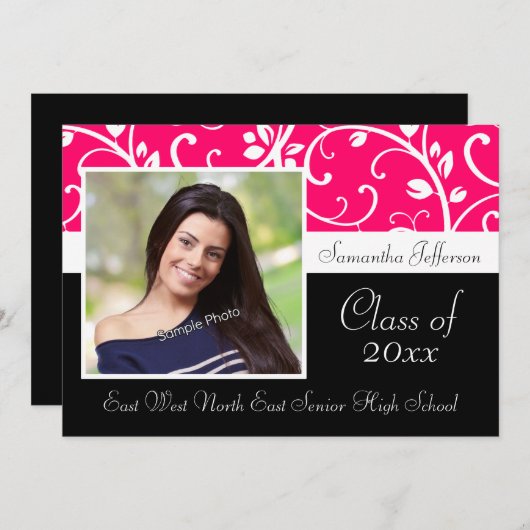 Aankondiging Hot Pink Swirly Vine Foto Afstuderen (Voorkant / Achterkant)
