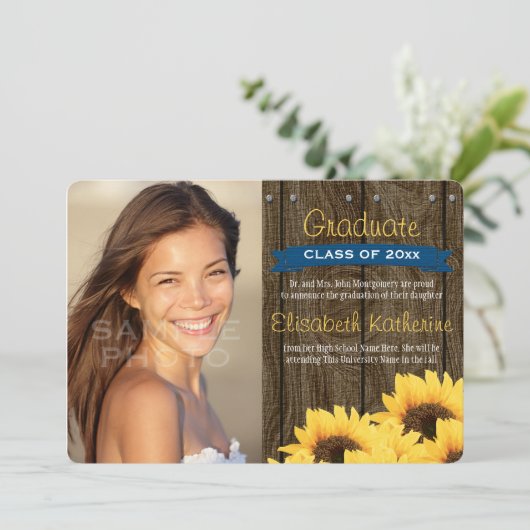 Aankondiging kobalt Blue Sunflower Afstuderen (Staand voorkant)