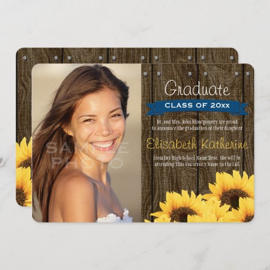 Aankondiging kobalt Blue Sunflower Afstuderen (Voorkant / Achterkant)