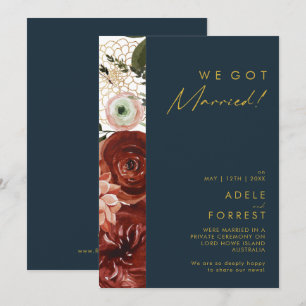 Aankondiging marsala Autumn Floral Navy Elopement