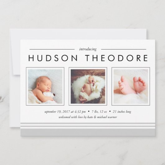 Aankondiging Metro Stripe Birth | Grijs (Voorkant)