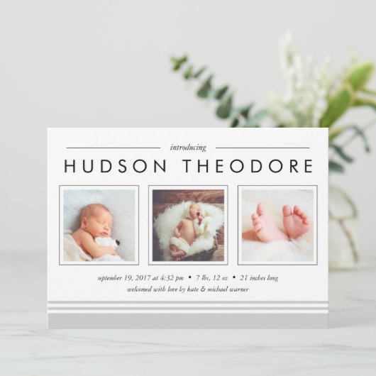 Aankondiging Metro Stripe Birth | Grijs (Staand voorkant)