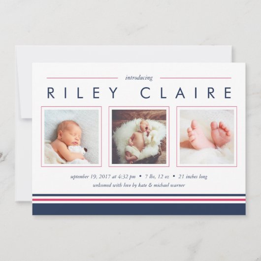 Aankondiging Metro Stripe Birth | Roze en zeemacht (Voorkant)