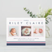 Aankondiging Metro Stripe Birth | Roze en zeemacht (Staand voorkant)