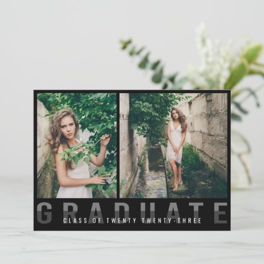Aankondiging modern Afstuderen fotocollage zwart (Staand voorkant)
