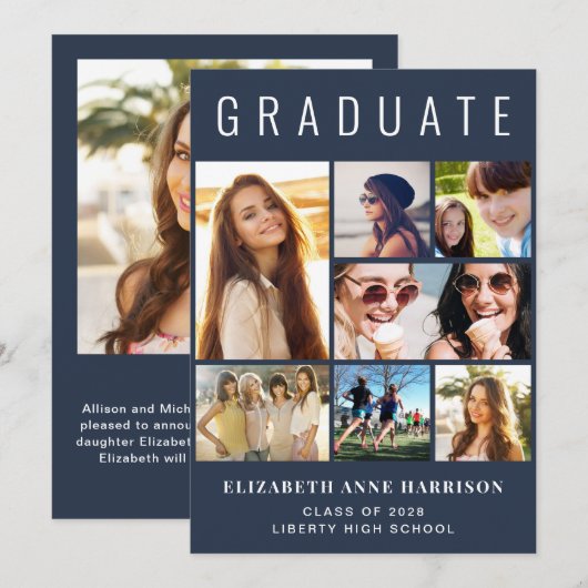 Aankondiging modern Foto Collage Blue Afstuderen (Voorkant / Achterkant)
