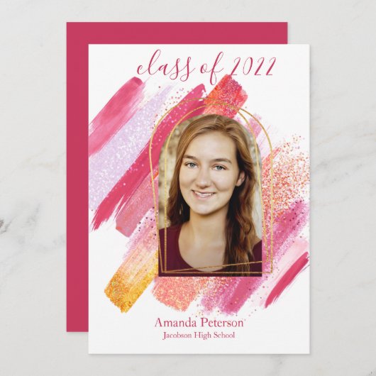 Aankondiging modern roze en gouden Afstuderen (Voorkant / Achterkant)