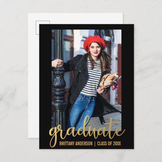 Aankondiging modern script Afstuderen Foto Gold (Voorkant / Achterkant)