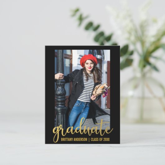 Aankondiging modern script Afstuderen Foto Gold (Staand voorkant)
