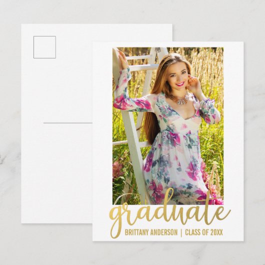 Aankondiging modern script Afstuderen Foto Gold W (Voorkant / Achterkant)