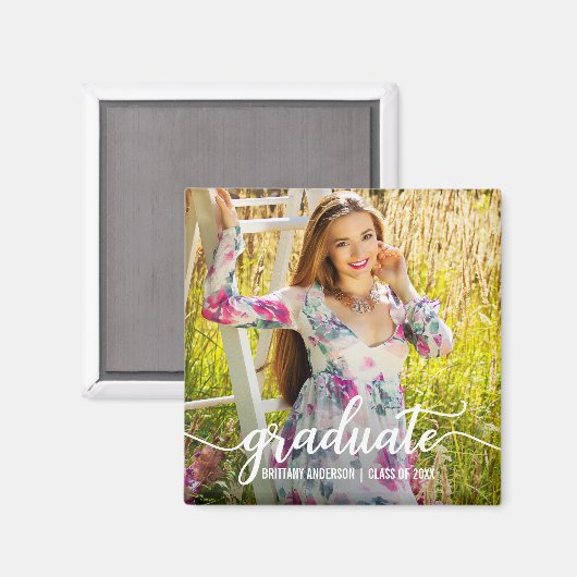 Aankondiging modern script Afstuderen Foto W Sq Magneet (Voorkant / Achterkant)