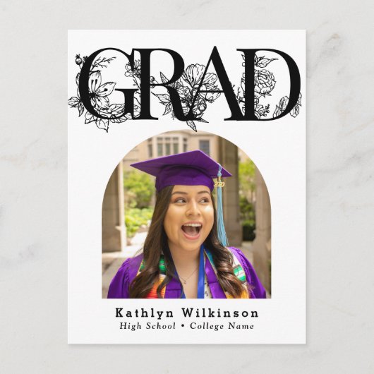 Aankondiging modern zwart-Script Floral Afstuderen Briefkaart (Voorkant)