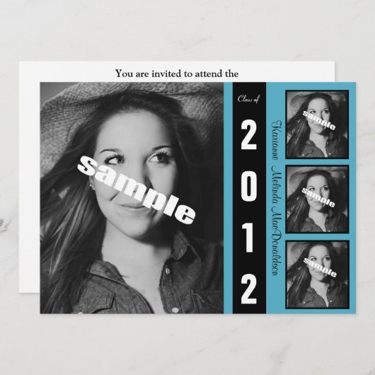 Aankondiging modern zwart-wit en blauw Afstuderen (Voorkant / Achterkant)