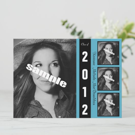 Aankondiging modern zwart-wit en blauw Afstuderen (Staand voorkant)