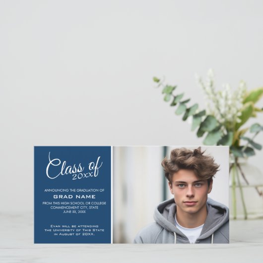 Aankondiging moderne Afstuderen foto - Navy Blue (Staand voorkant)
