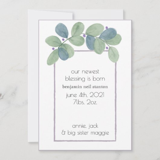 Aankondiging moderne Waterverf Greenery Birth (Voorkant)