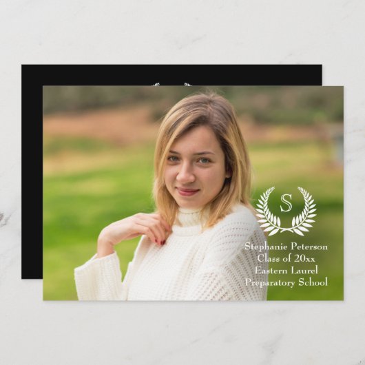 Aankondiging Monogram Laurel Foto Afstuderen (Voorkant / Achterkant)