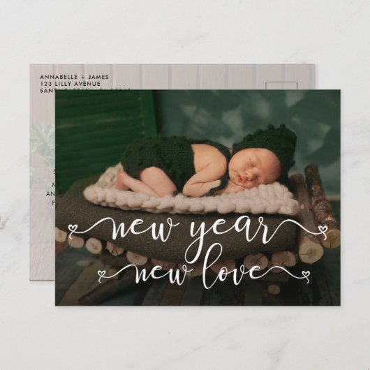 Aankondiging nieuwjaars New Love Birth Briefkaart (Voorkant / Achterkant)