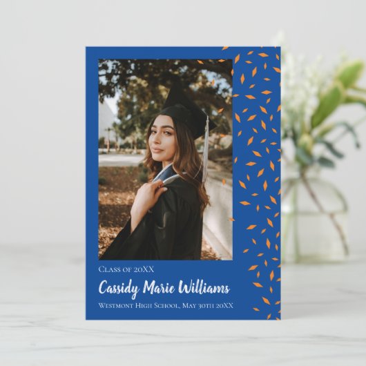 Aankondiging Oranje blauw Confetti Afstuderen (Staand voorkant)