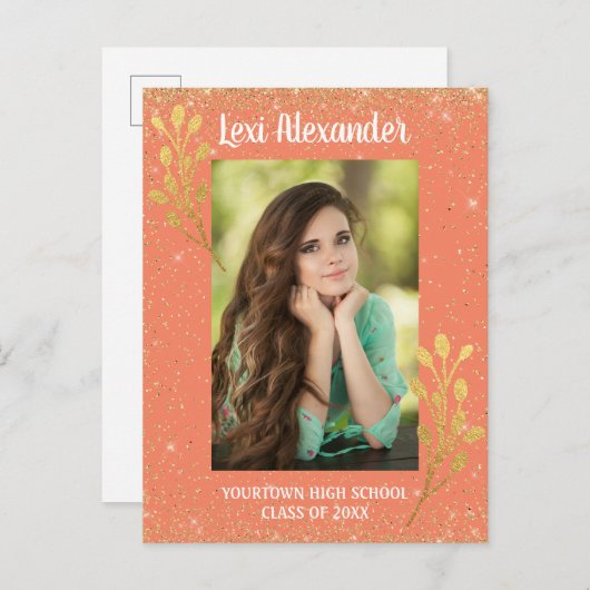 Aankondiging Oranje Gold Glitter Afstuderen (Voorkant / Achterkant)