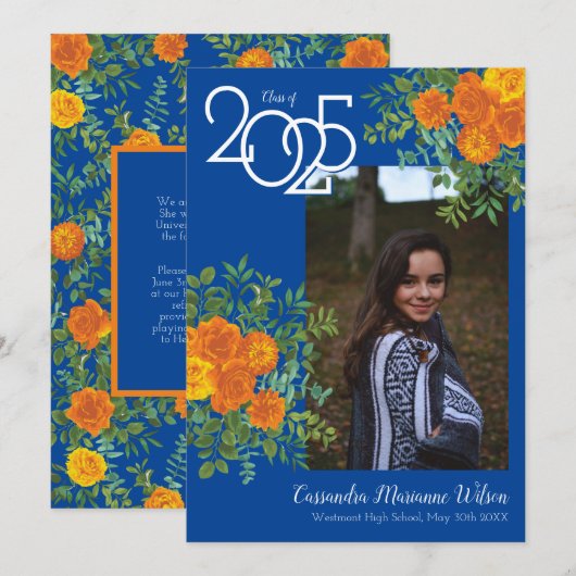 Aankondiging Oranje Roos Blue Photo Afstuderen (Voorkant / Achterkant)