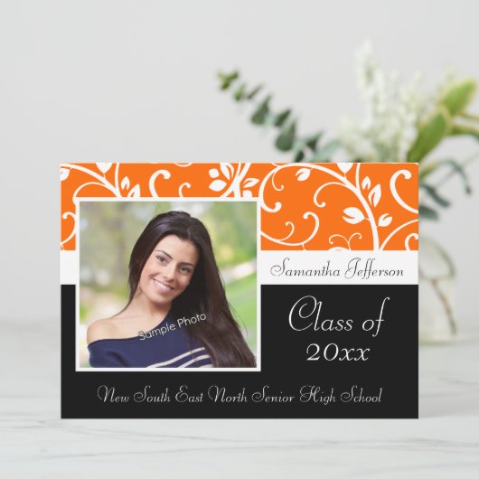 Aankondiging Oranje Zwirly Vine Foto Afstuderen (Staand voorkant)