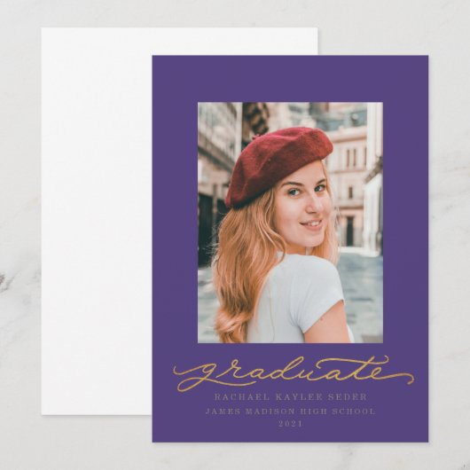 Aankondiging Paars en Gold Script Afstuderen (Voorkant / Achterkant)