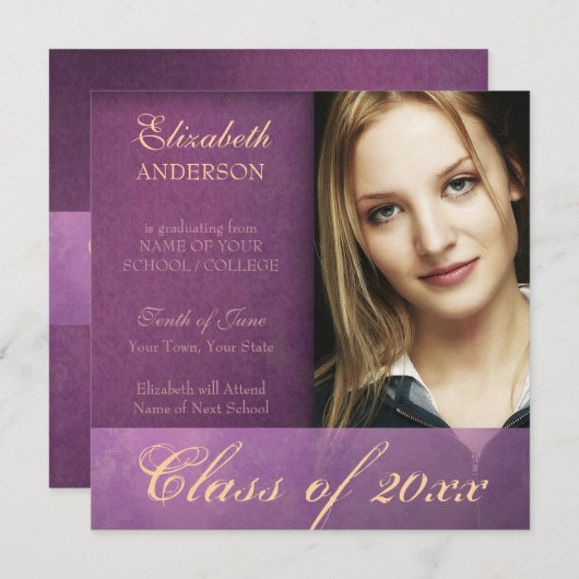 Aankondiging Paarse Damask Grunge Afstuderen (Voorkant / Achterkant)