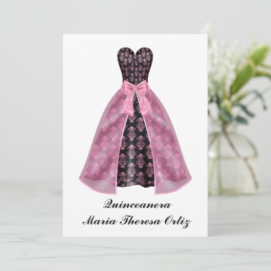 Aankondiging Quinceanera Black Damask (Staand voorkant)