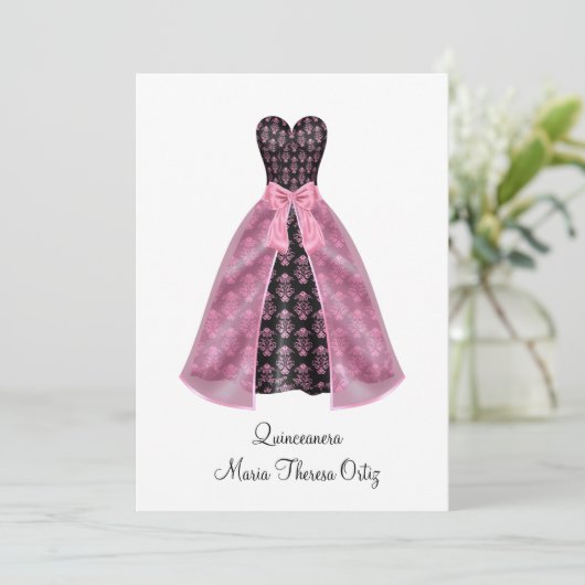 Aankondiging Quinceanera Roze Damask 15e Partij (Staand voorkant)