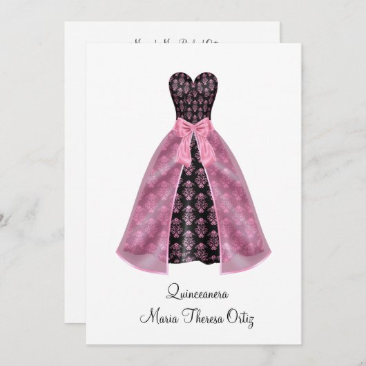 Aankondiging Quinceanera Roze Damask 15e Partij (Voorkant / Achterkant)