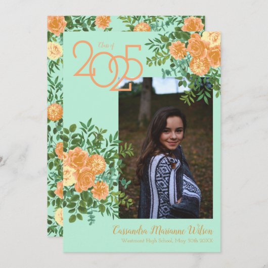 Aankondiging Roos  Blauwgroen Afstuderen (Voorkant / Achterkant)