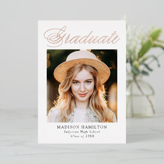 Aankondiging roos Gold Foil Script Afstuderen (Staand Voorkant)