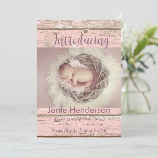 Aankondiging  roze hout Aangepaste foto (Staand voorkant)