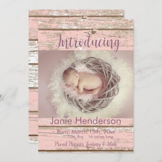 Aankondiging  roze hout Aangepaste foto (Voorkant / Achterkant)