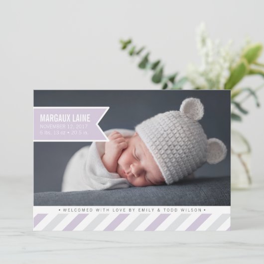 Aankondiging speciale levering geboorte | Lavender (Staand voorkant)