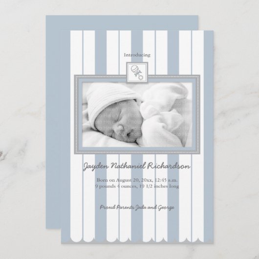 Aankondiging Stripes & Rattle Baby: Blauw (Voorkant / Achterkant)