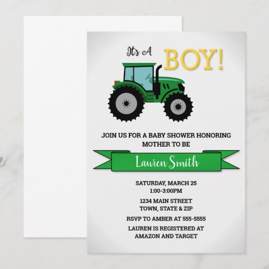 Aankondiging tractorBaby shower, tractorjongen (Voorkant / Achterkant)