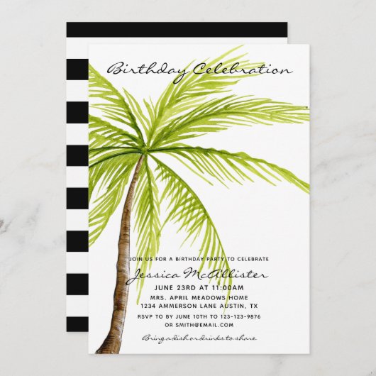 Aankondiging tropische strandpalm Birthday Party (Voorkant / Achterkant)