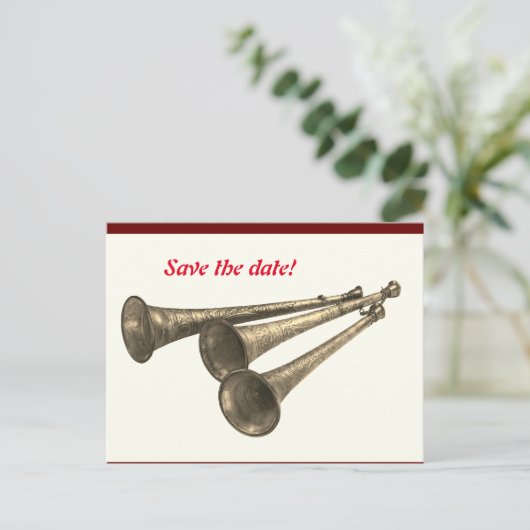 Aankondiging uitnodiging feestviering trompetten (Staand voorkant)